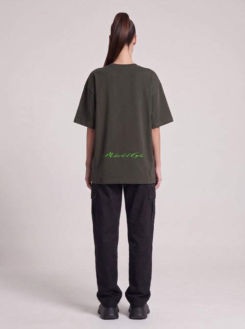 Alien Discussions Neon — Drop Shoulder T-Shirt in Dark Gray, back, worn by female model