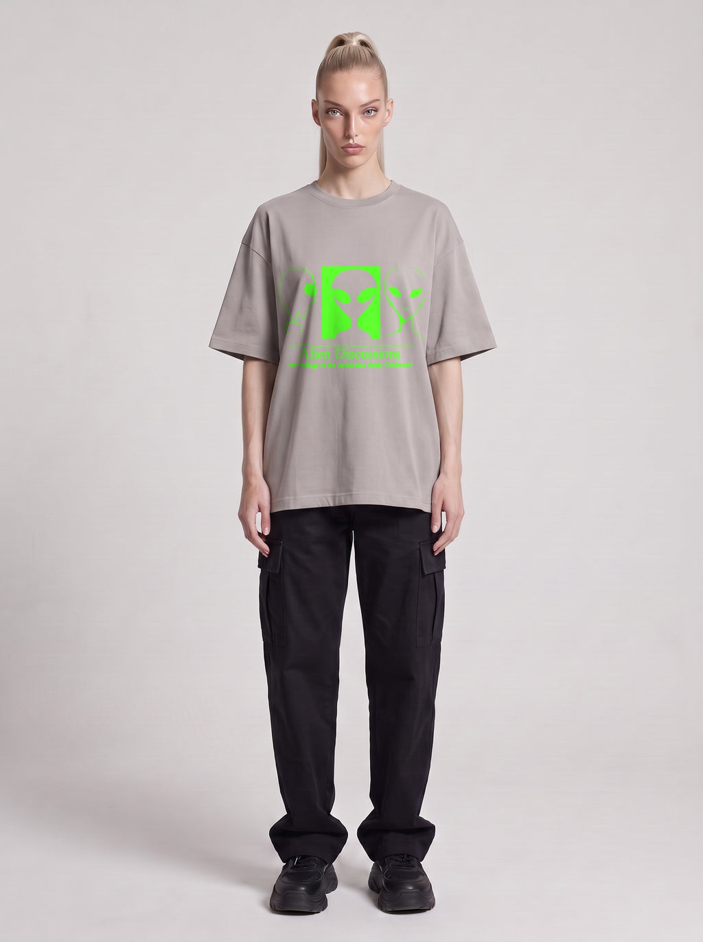 Alien Discussions Neon — Drop Shoulder T-Shirt in Light Gray, front, worn by male model