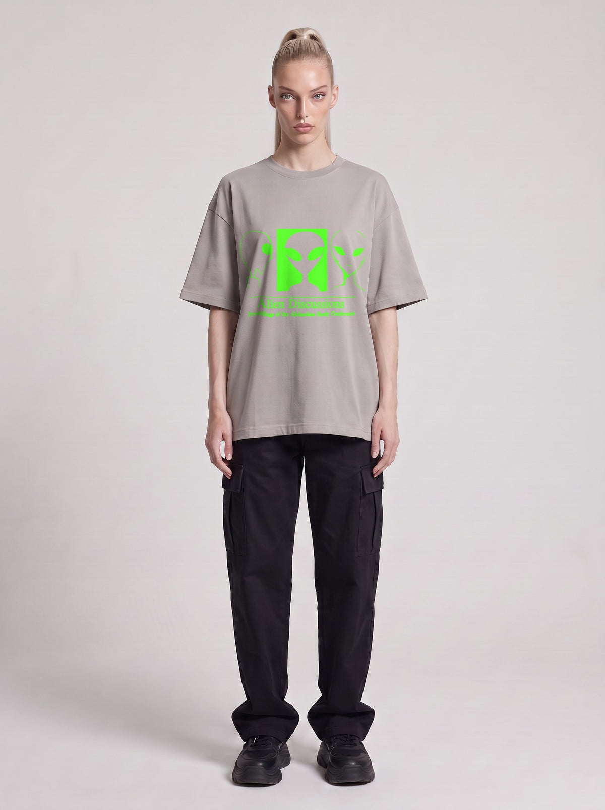 Alien Discussions Neon — Drop Shoulder T-Shirt in Light Gray, front, worn by male model