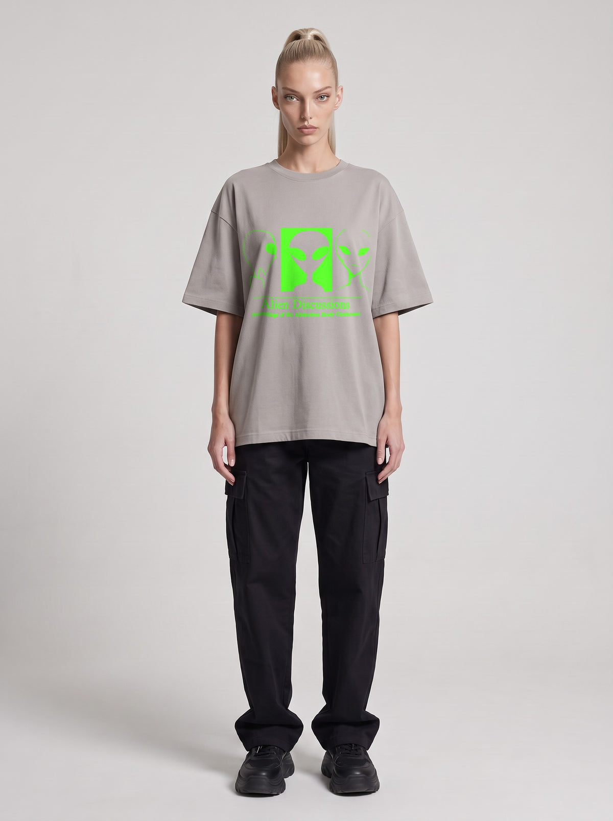 Alien Discussions Neon — Drop Shoulder T-Shirt in Light Gray, front, worn by female model