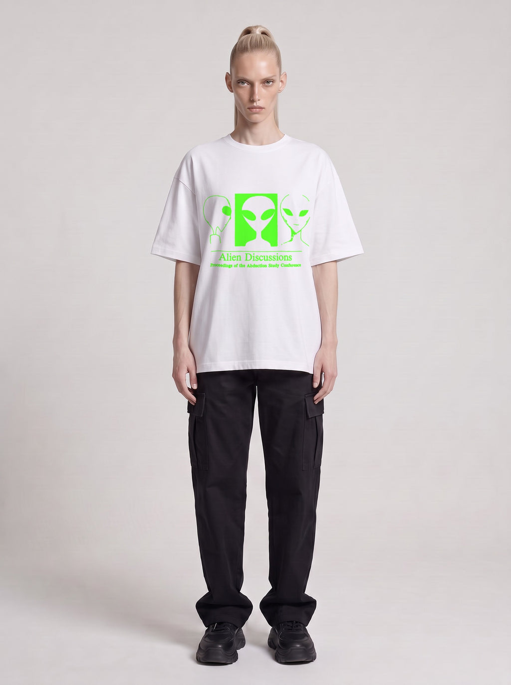 Alien Discussions Neon — Drop Shoulder T-Shirt in Lucent White, front, worn by male model