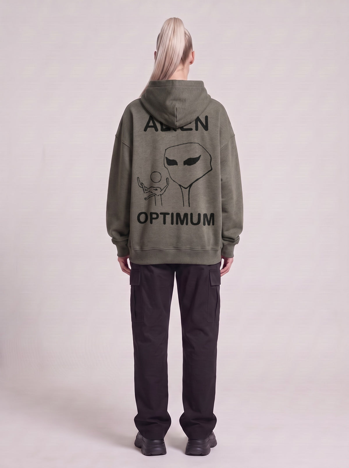 Alien Optimum — Boxy Hoodie in Dark Gray, back, worn by male model