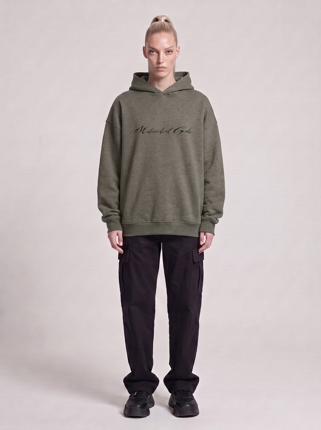Alien Optimum — Boxy Hoodie in Dark Gray, front, worn by male model