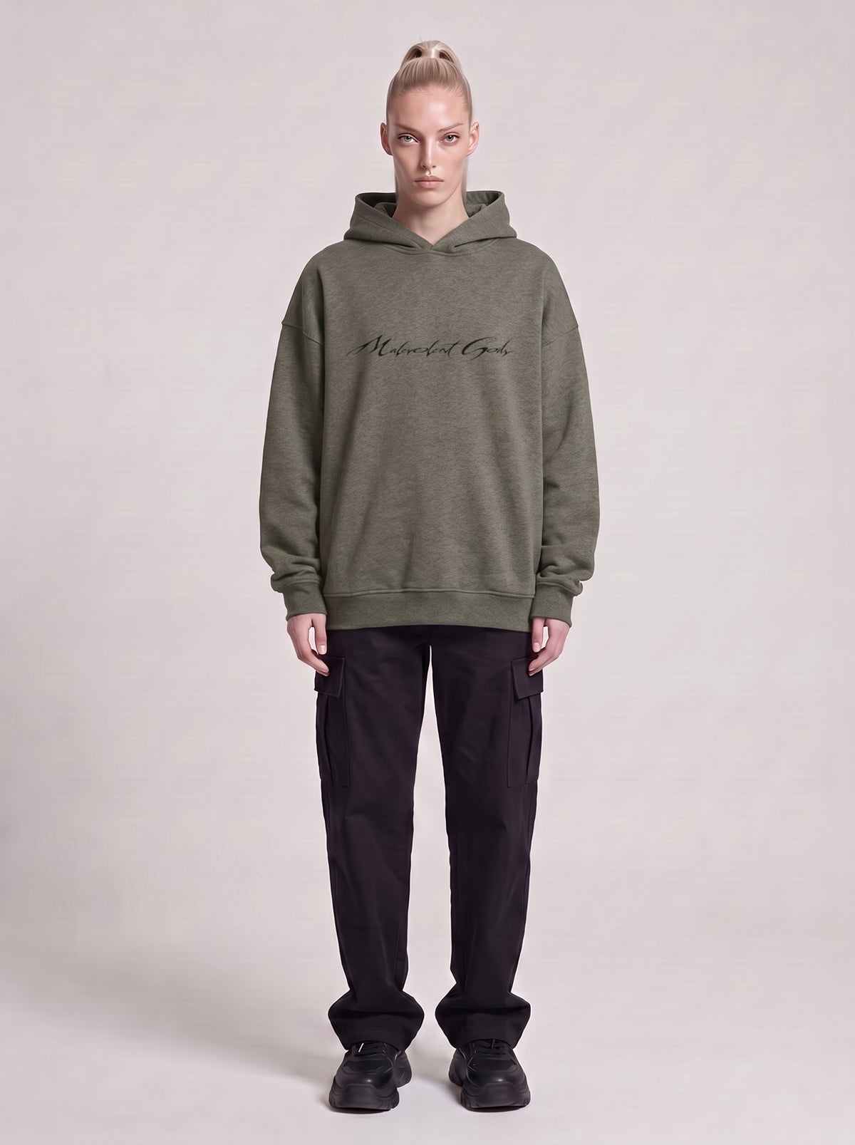 Alien Optimum — Boxy Hoodie in Dark Gray, front, worn by male model