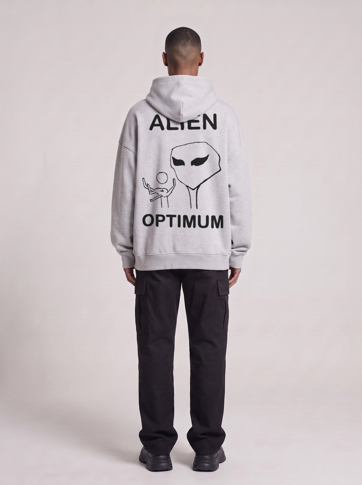 Alien Optimum — Boxy Hoodie in Flower Gray, back, worn by male model