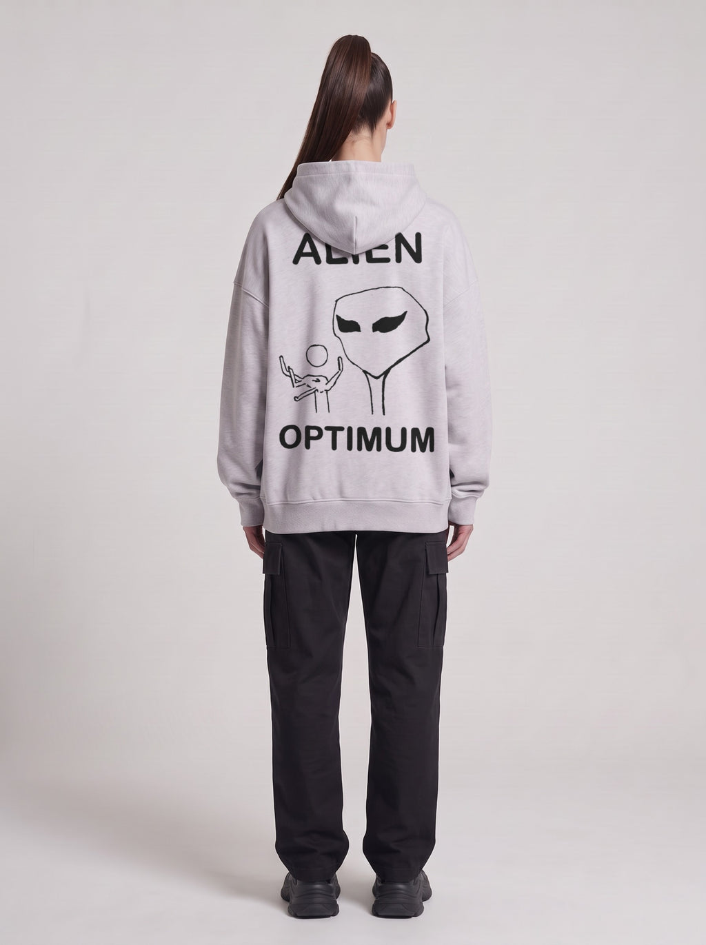 Alien Optimum — Boxy Hoodie in Flower Gray, back, worn by female model