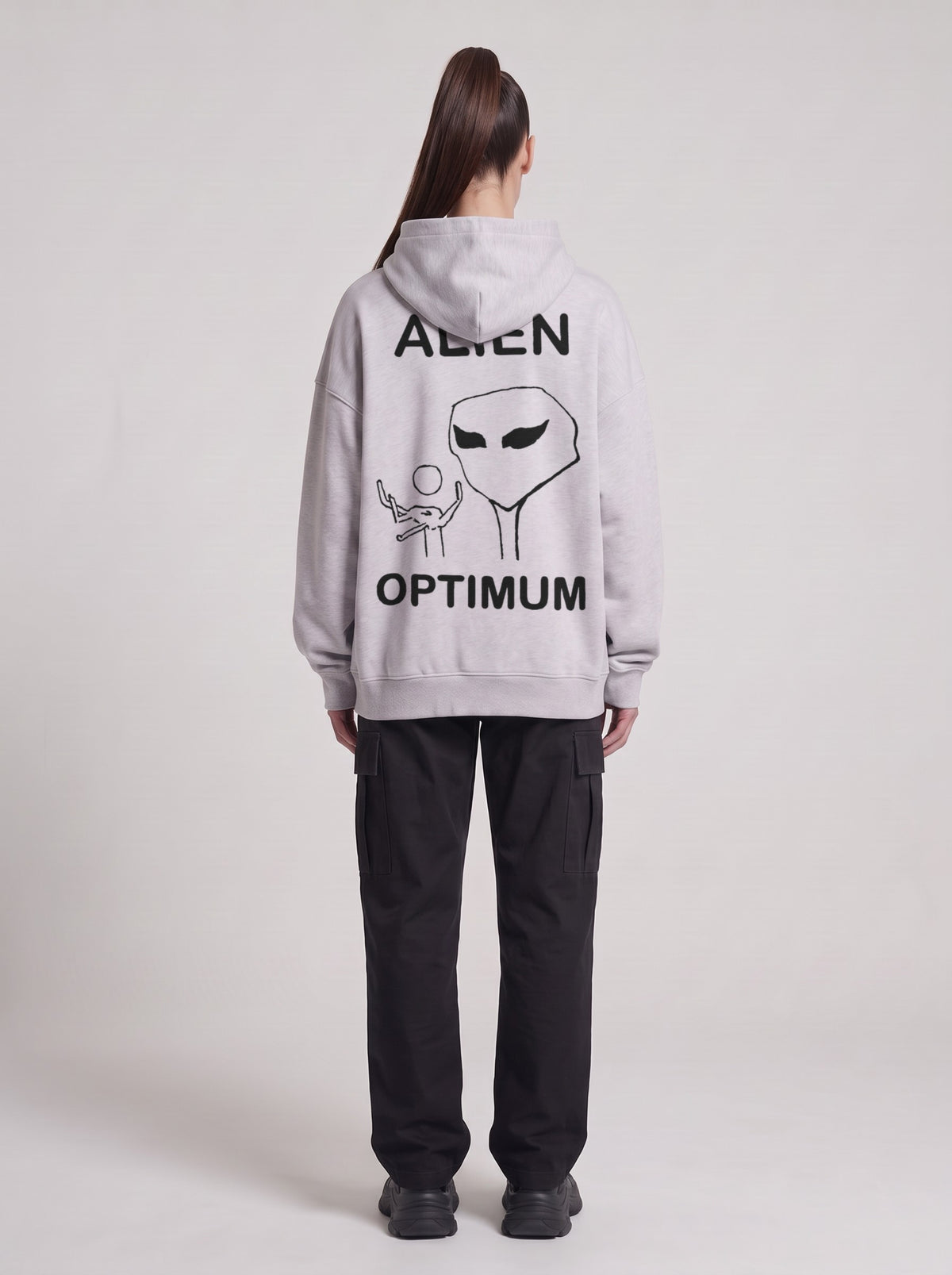 Alien Optimum — Boxy Hoodie in Flower Gray, back, worn by female model
