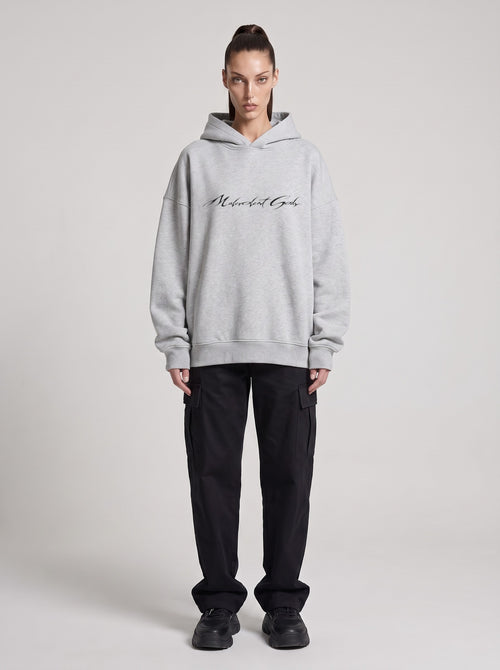Alien Optimum — Boxy Hoodie in Flower Gray, front, worn by female model