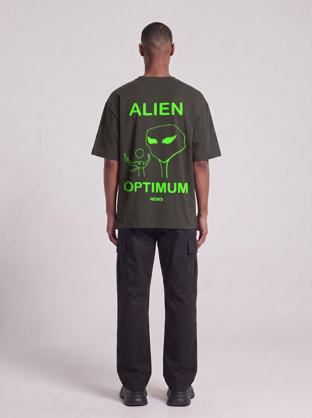 Alien Optimum Neon — Drop Shoulder T-Shirt in Dark Gray, back, worn by male model