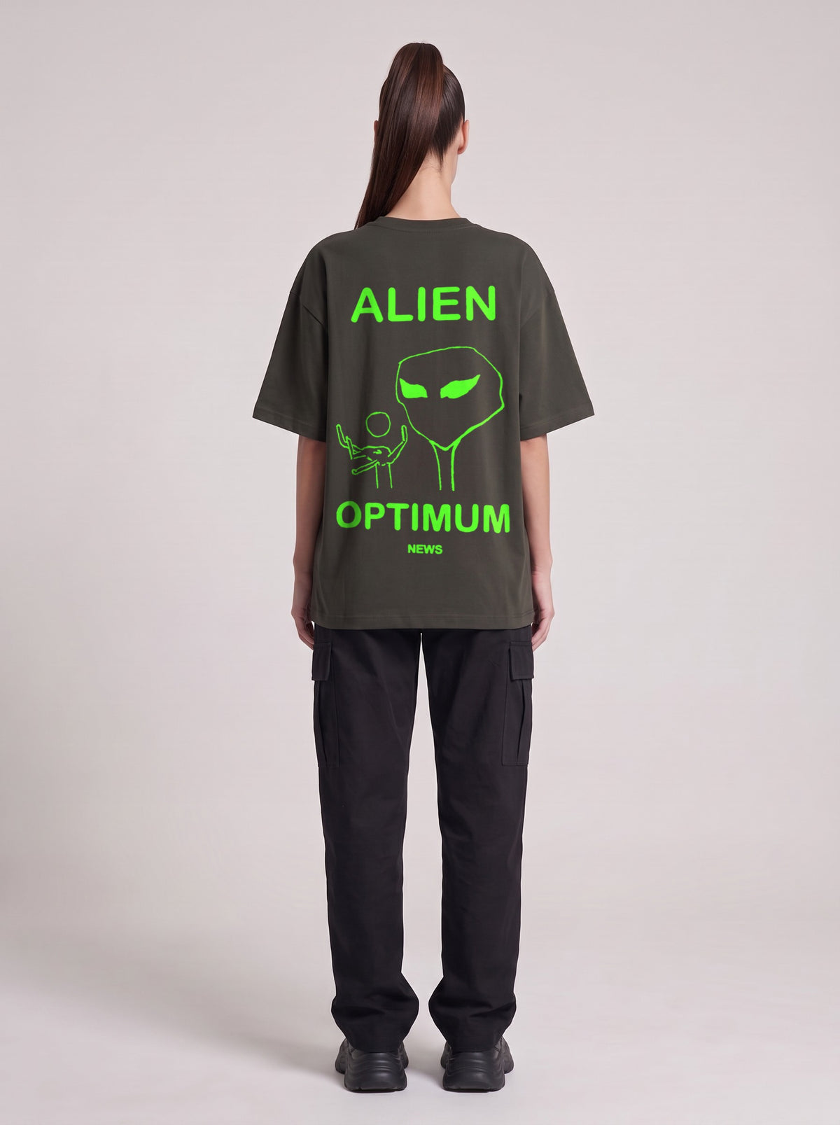 Alien Optimum Neon — Drop Shoulder T-Shirt in Dark Gray, back, worn by female model