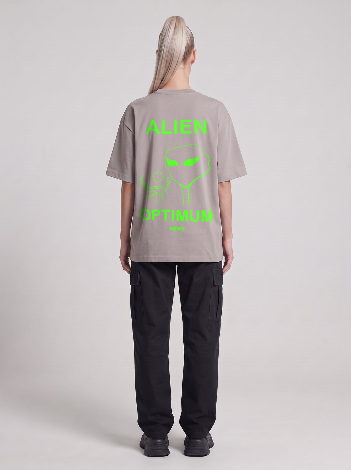 Alien Optimum Neon — Drop Shoulder T-Shirt in Light Gray, back, worn by male model