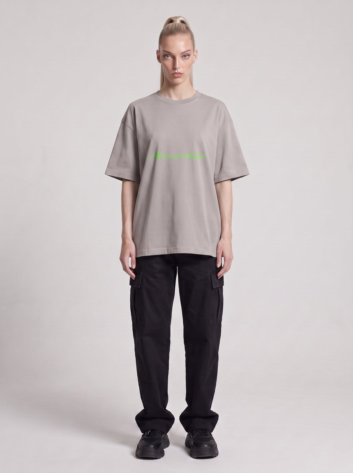 Alien Optimum Neon — Drop Shoulder T-Shirt in Light Gray, front, worn by male model