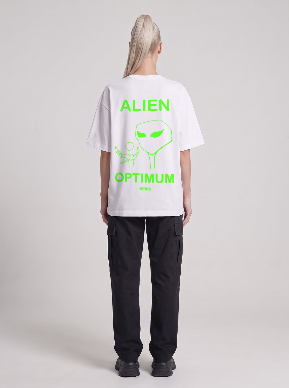Alien Optimum Neon — Drop Shoulder T-Shirt in Lucent White, back, worn by male model