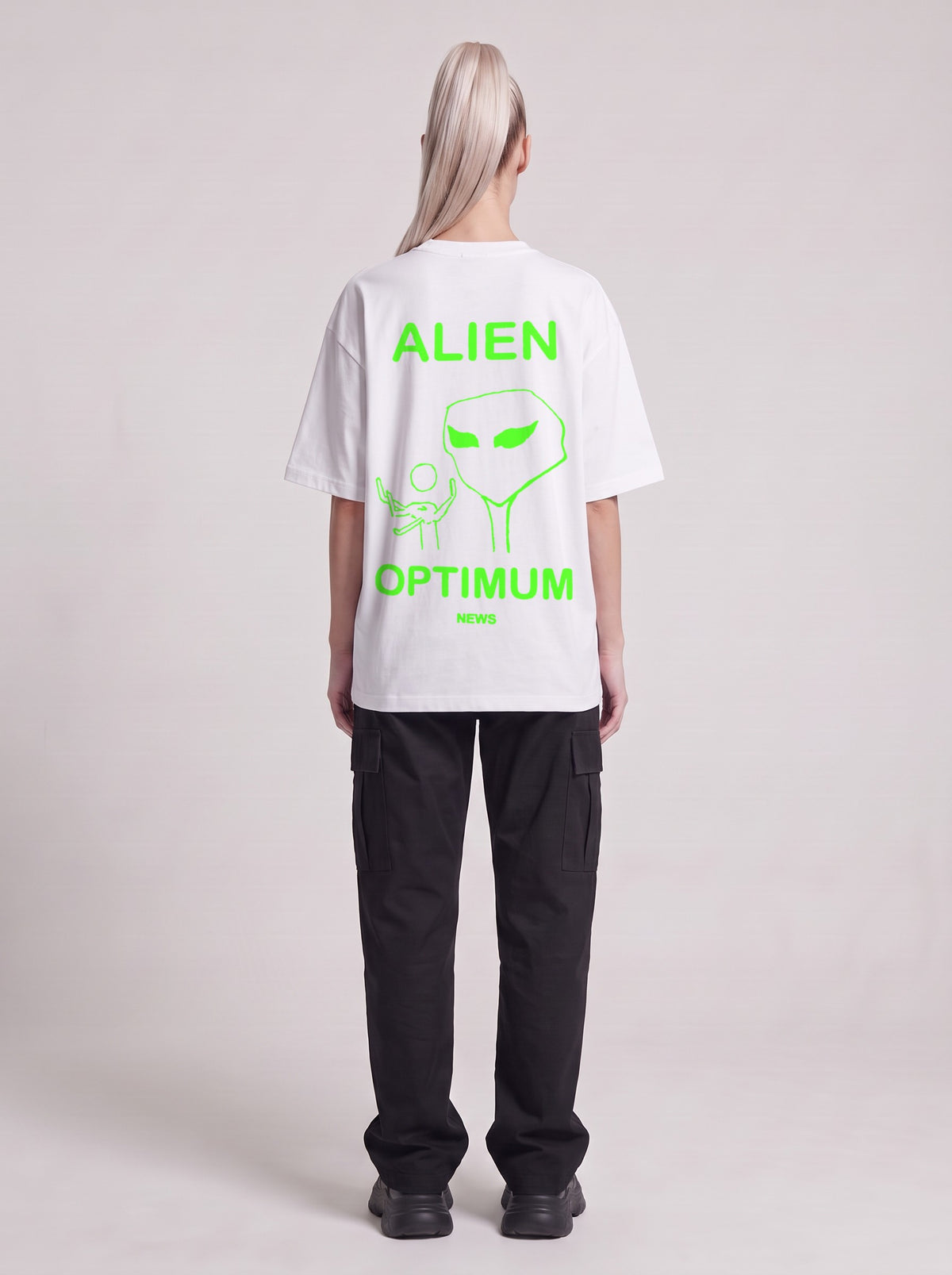 Alien Optimum Neon — Drop Shoulder T-Shirt in Lucent White, back, worn by female model