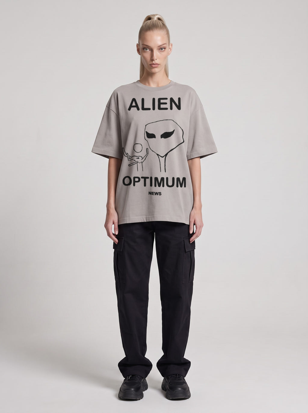 Alien Optimum — Drop Shoulder T-Shirt in Light Gray, front, worn by female model