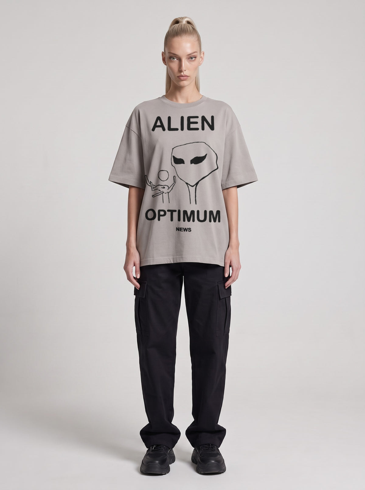 Alien Optimum — Drop Shoulder T-Shirt in Light Gray, front, worn by female model