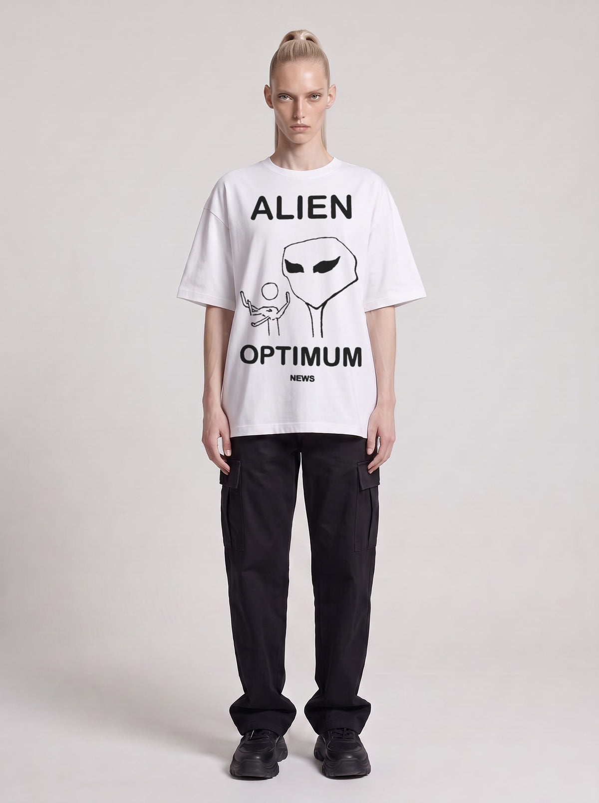 Alien Optimum — Drop Shoulder T-Shirt in Lucent White, front, worn by male model