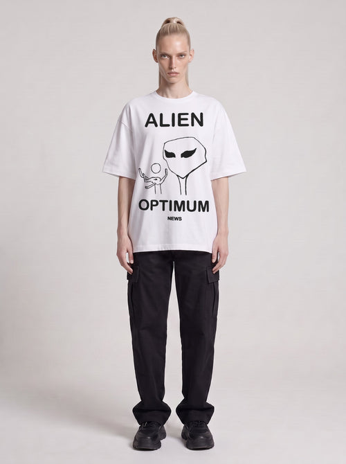 Alien Optimum — Drop Shoulder T-Shirt in Lucent White, front, worn by male model