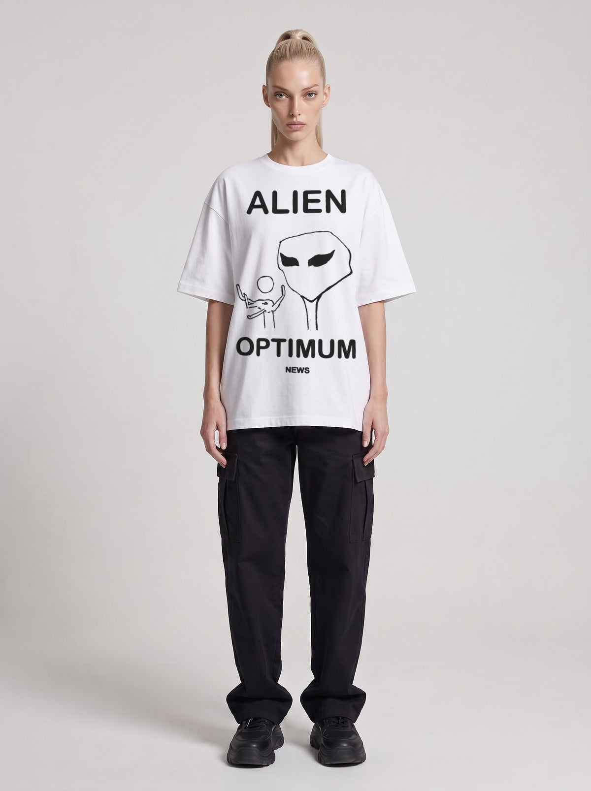 Alien Optimum — Drop Shoulder T-Shirt in Lucent White, front, worn by female model