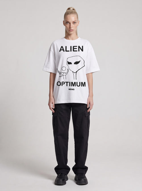 Alien Optimum — Drop Shoulder T-Shirt in Lucent White, front, worn by female model