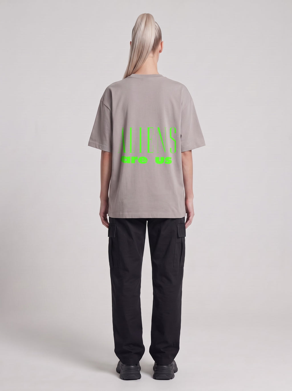 Aliens Are Us Neon — Drop Shoulder T-Shirt in Light Gray, back, worn by male model
