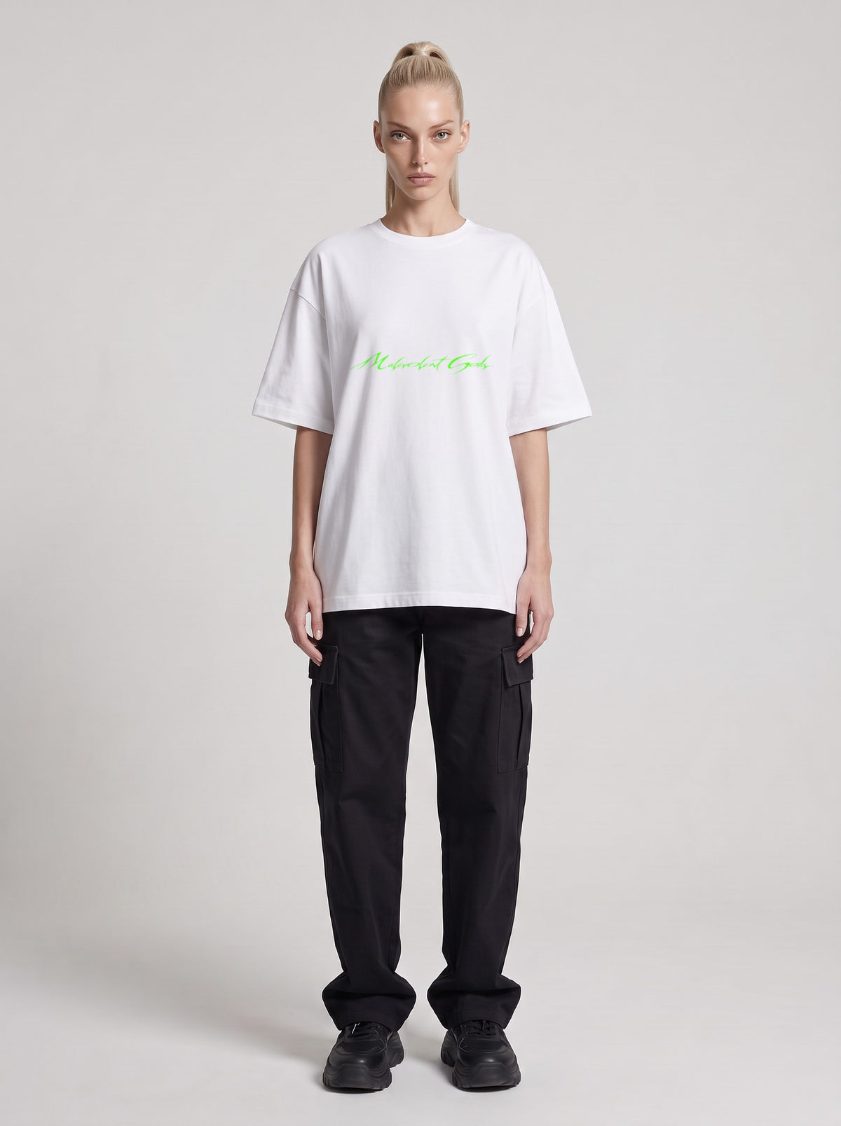 Aliens Are Us Neon — Drop Shoulder T-Shirt in Lucent White, front, worn by female model