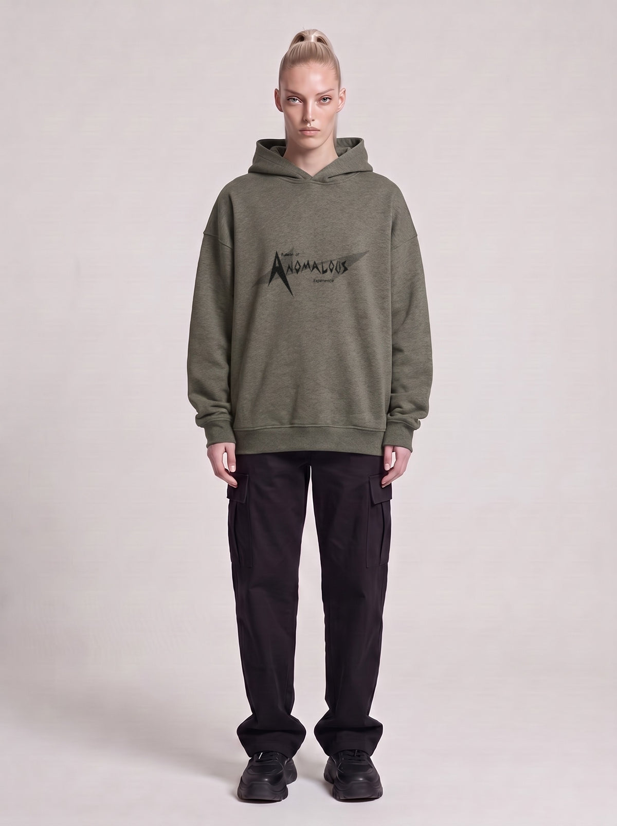Anomalous Experience — Boxy Hoodie in Dark Gray, front, worn by male model