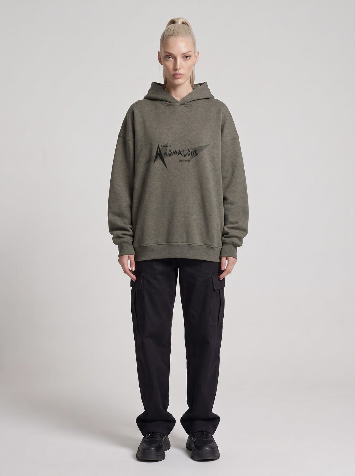 Anomalous Experience — Boxy Hoodie in Dark Gray, front, worn by female model