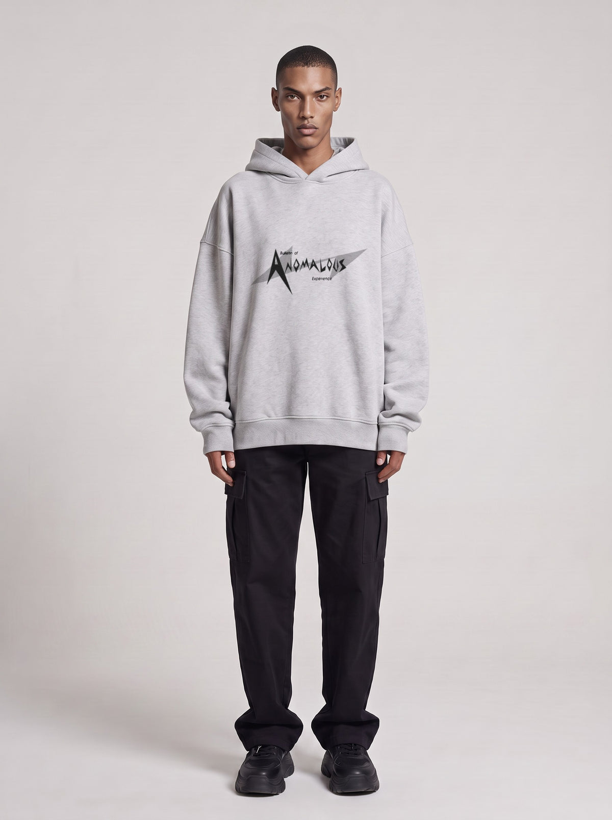 Anomalous Experience — Boxy Hoodie in Flower Gray, front, worn by male model