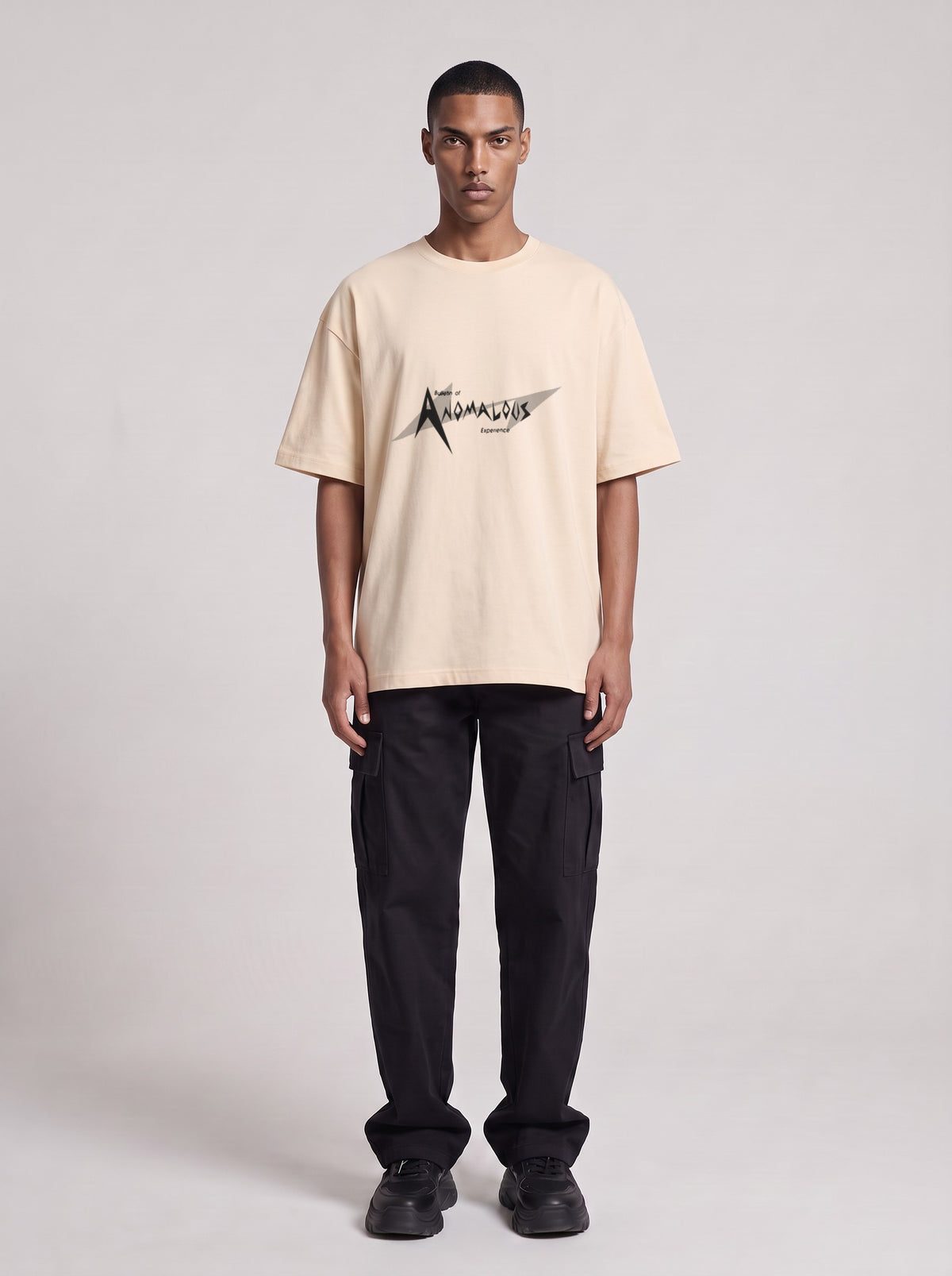 Anomalous Experience — Drop Shoulder T-Shirt in Light Apricot, front, worn by male model