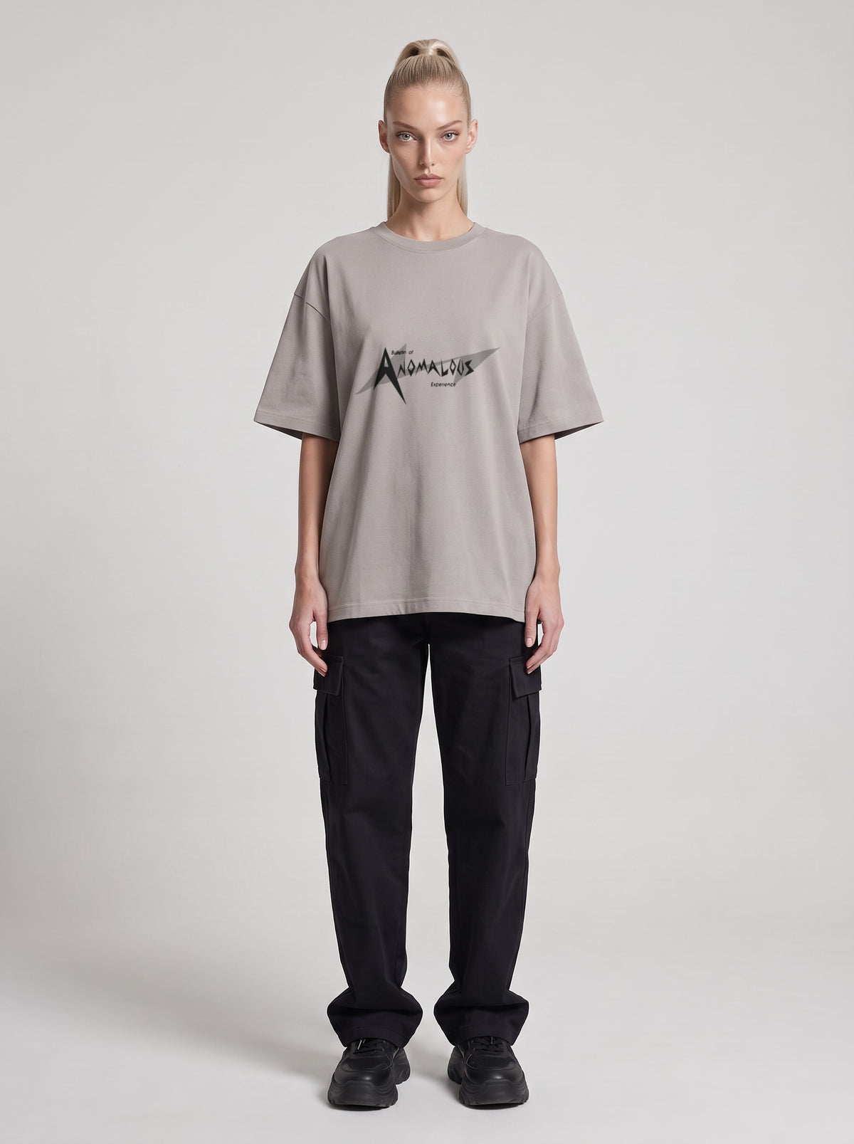 Anomalous Experience — Drop Shoulder T-Shirt in Light Gray, front, worn by female model
