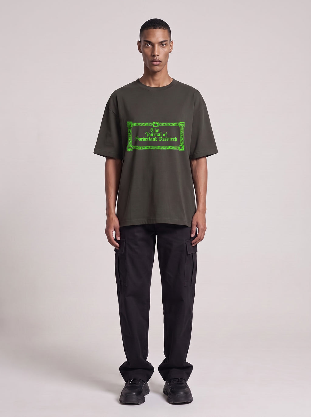Borderland Research Neon — Drop Shoulder T-Shirt in Dark Gray, front, worn by male model