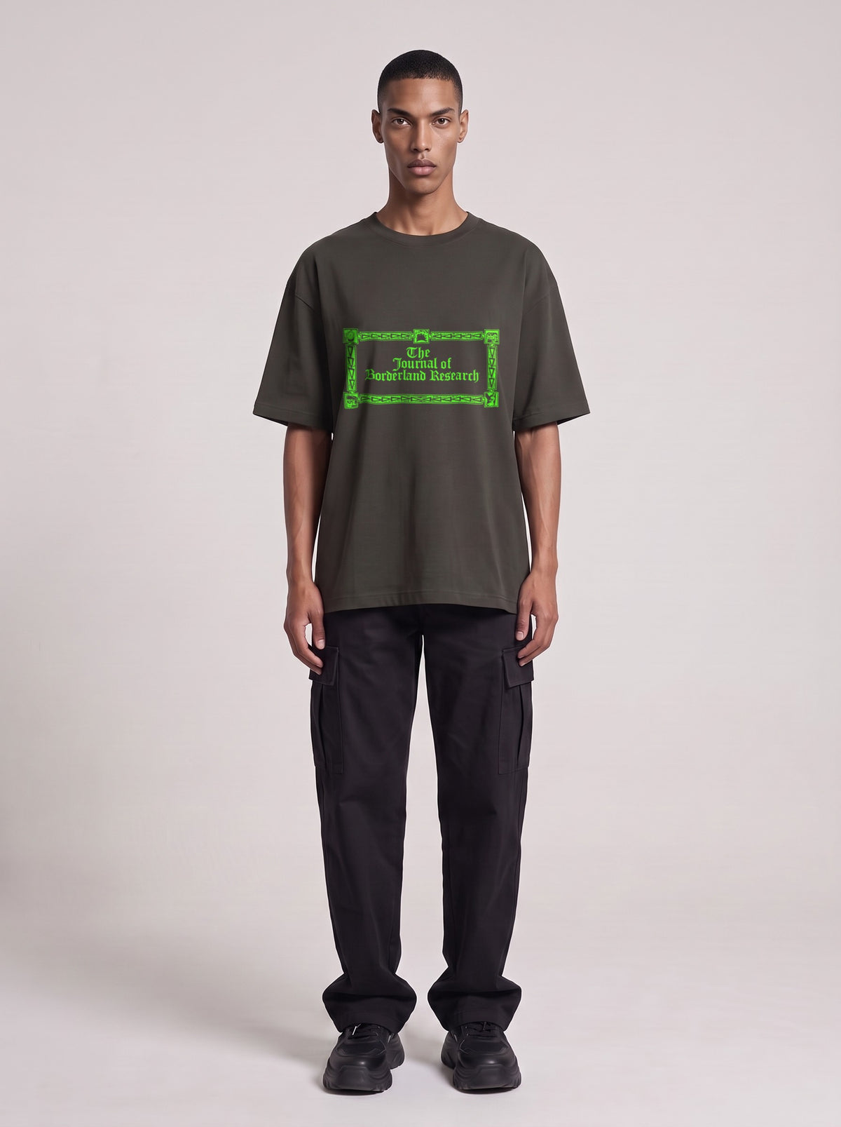 Borderland Research Neon — Drop Shoulder T-Shirt in Dark Gray, front, worn by male model