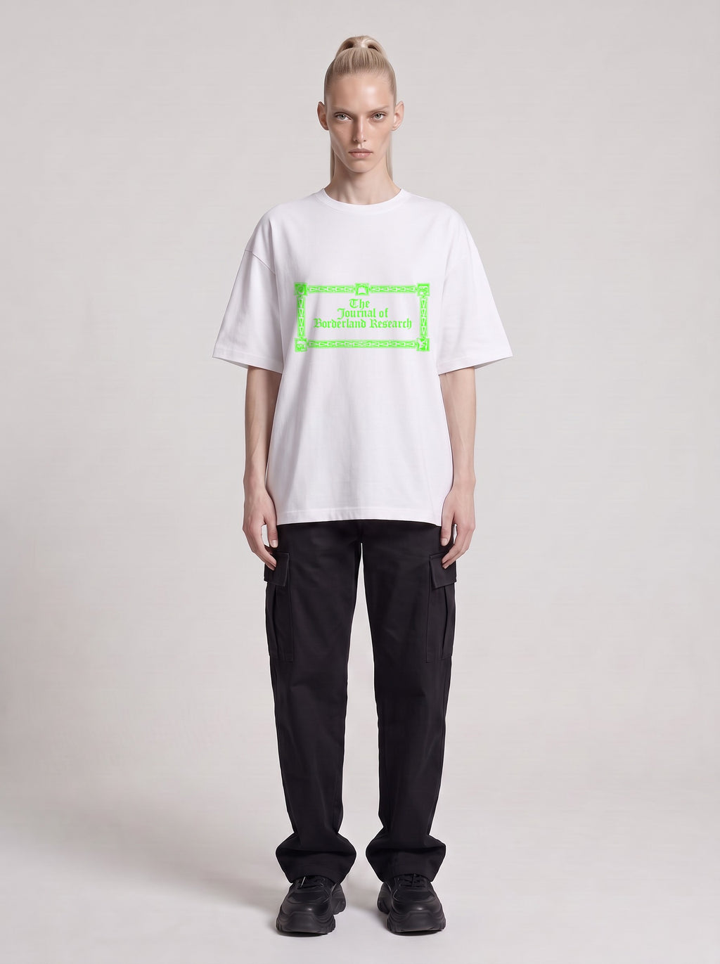 Borderland Research Neon — Drop Shoulder T-Shirt in Lucent White, front, worn by male model