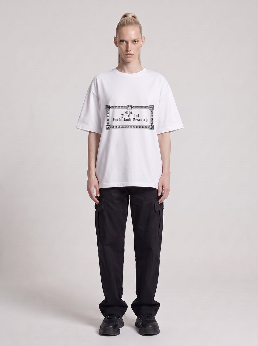 Borderland Research — Drop Shoulder T-Shirt in Lucent White, front, worn by male model