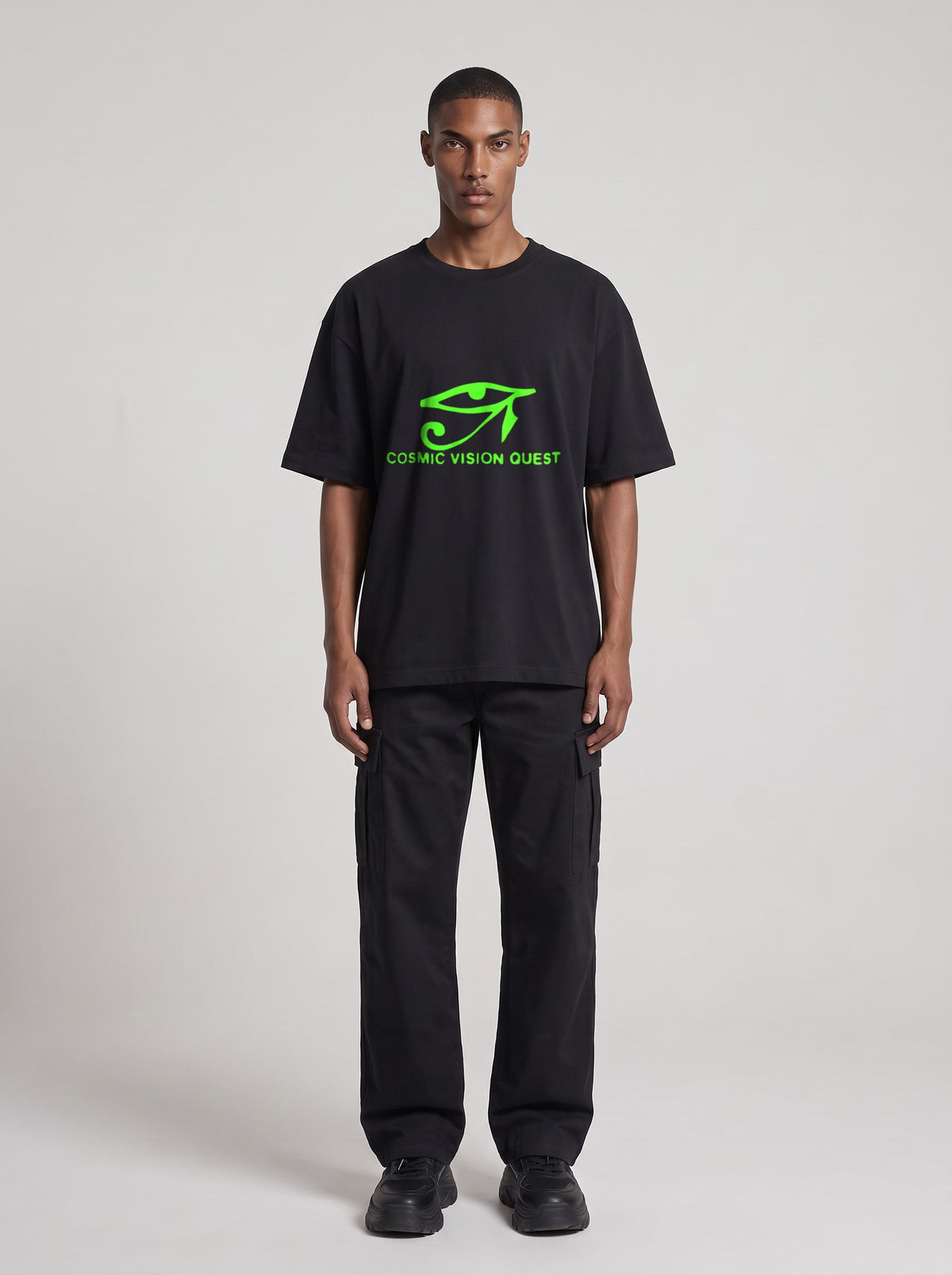 Cosmic Vision Quest Neon — Drop Shoulder T-Shirt in Black Beauty, front, worn by male model