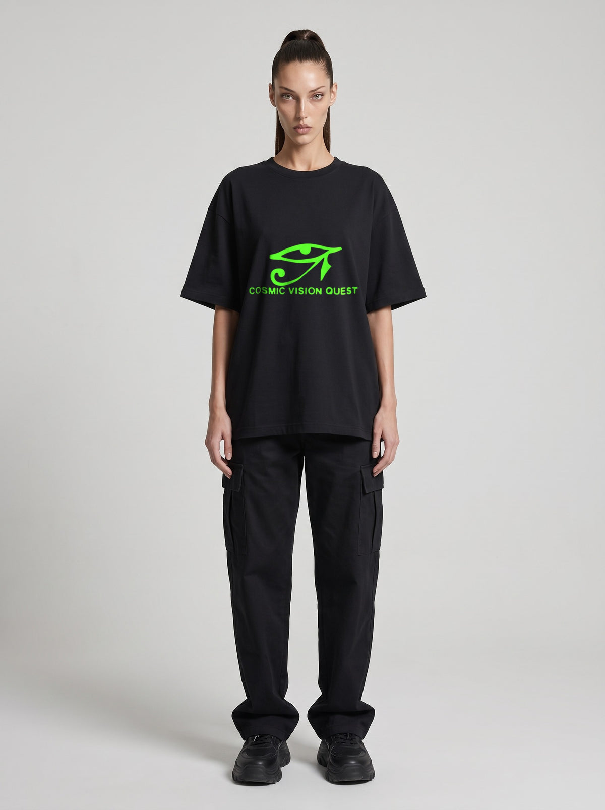 Cosmic Vision Quest Neon — Drop Shoulder T-Shirt in Black Beauty, front, worn by female model