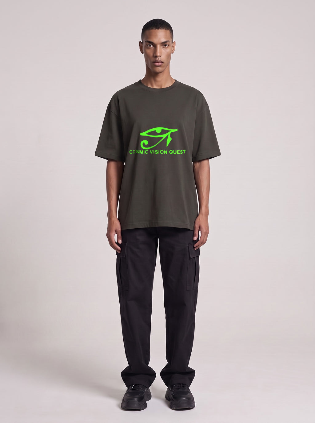Cosmic Vision Quest Neon — Drop Shoulder T-Shirt in Dark Gray, front, worn by male model