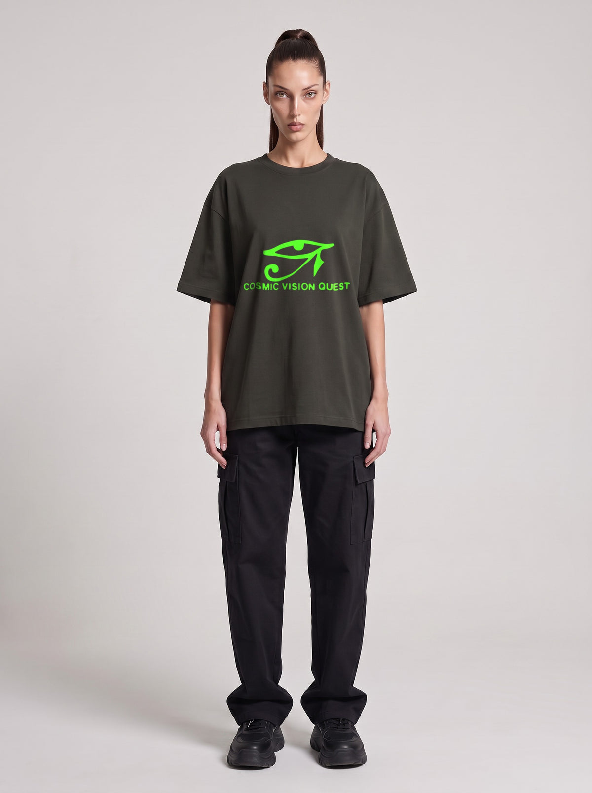 Cosmic Vision Quest Neon — Drop Shoulder T-Shirt in Dark Gray, front, worn by female model