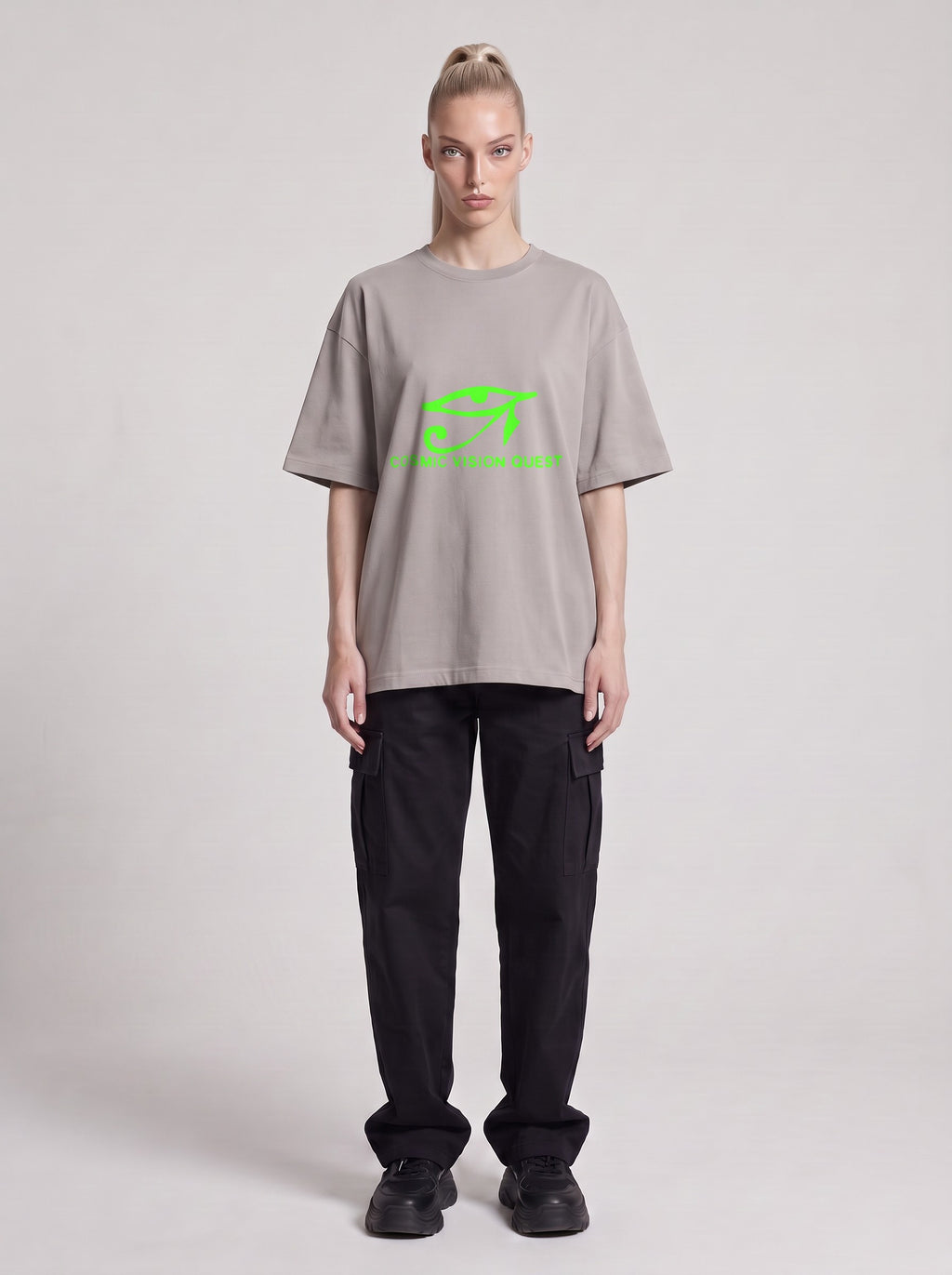 Cosmic Vision Quest Neon — Drop Shoulder T-Shirt in Light Gray, front, worn by male model