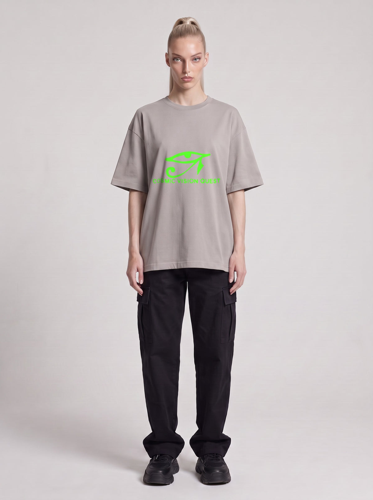 Cosmic Vision Quest Neon — Drop Shoulder T-Shirt in Light Gray, front, worn by male model