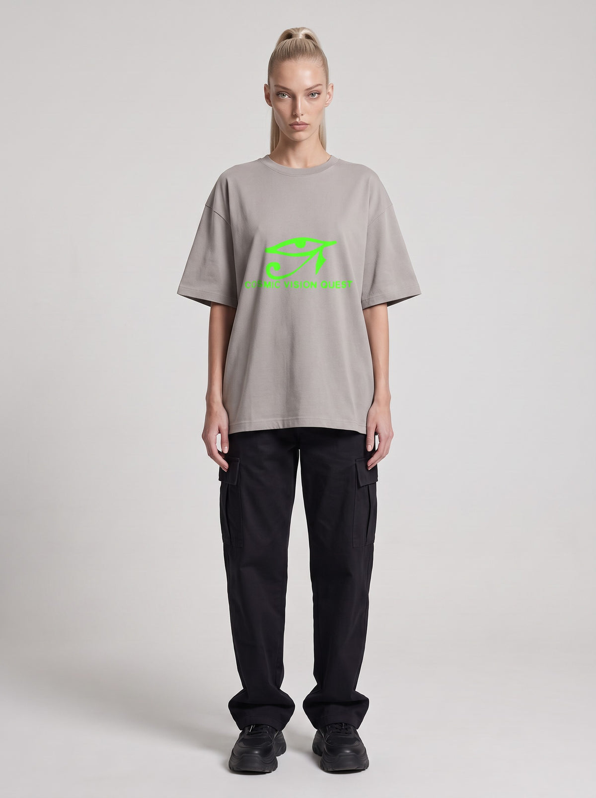 Cosmic Vision Quest Neon — Drop Shoulder T-Shirt in Light Gray, front, worn by female model