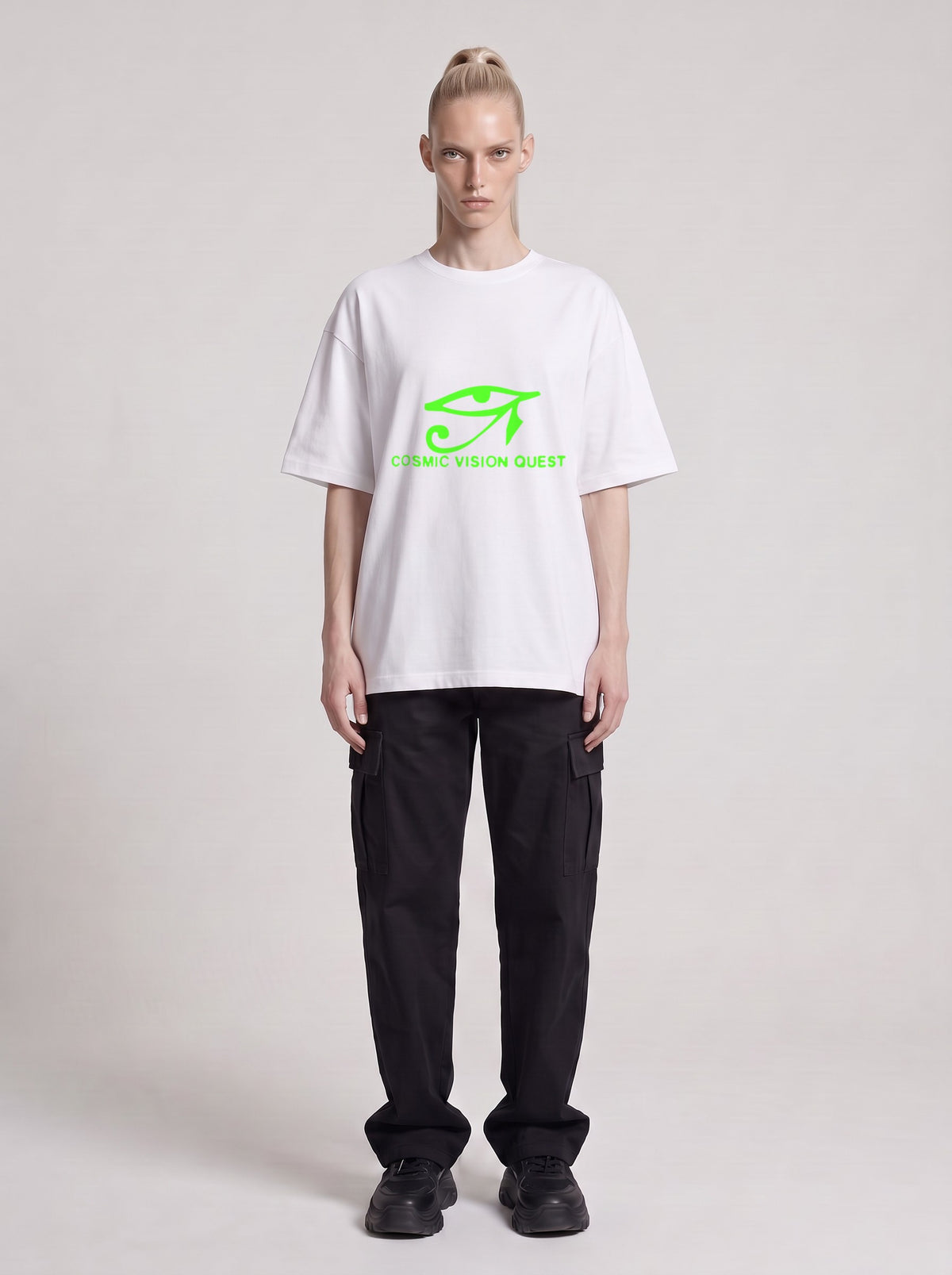 Cosmic Vision Quest Neon — Drop Shoulder T-Shirt in Lucent White, front, worn by male model