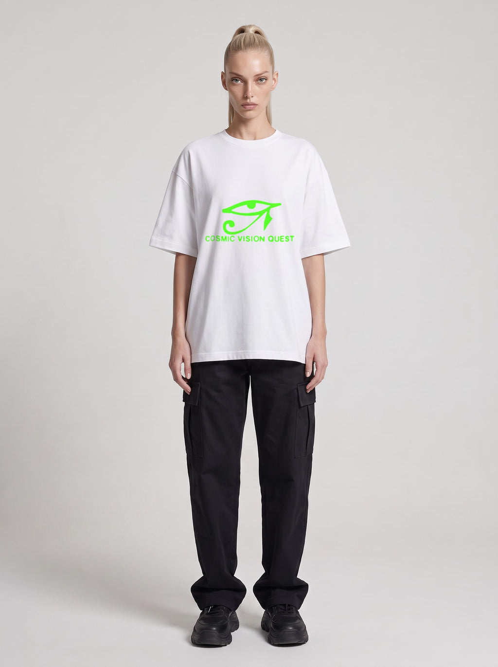 Cosmic Vision Quest Neon — Drop Shoulder T-Shirt in Lucent White, front, worn by female model