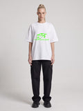 Cosmic Vision Quest Neon — Drop Shoulder T-Shirt in Lucent White, front, worn by female model