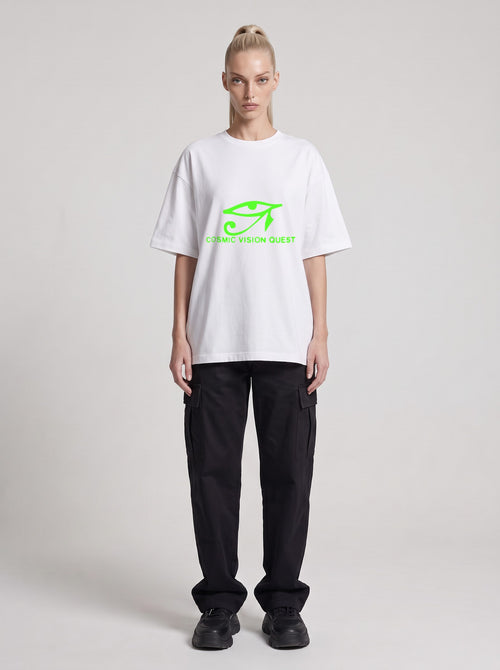 Cosmic Vision Quest Neon — Drop Shoulder T-Shirt in Lucent White, front, worn by female model
