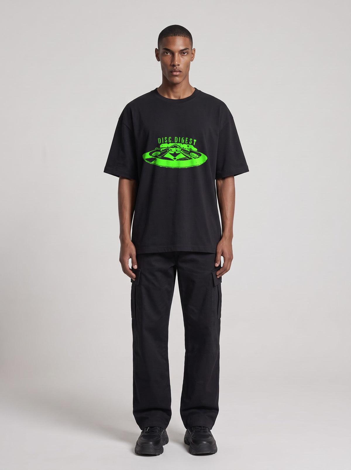 Disc Digest Neon — Drop Shoulder T-Shirt in Black Beauty, front, worn by male model
