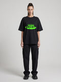 Disc Digest Neon — Drop Shoulder T-Shirt in Black Beauty, front, worn by female model