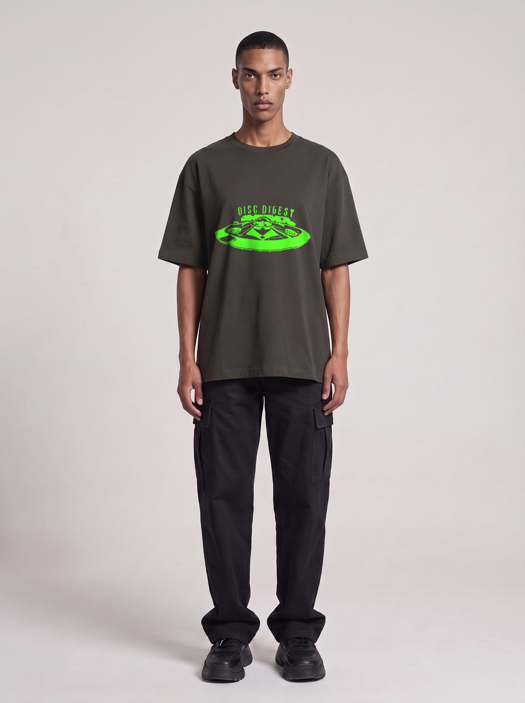 Disc Digest Neon — Drop Shoulder T-Shirt in Dark Gray, front, worn by male model