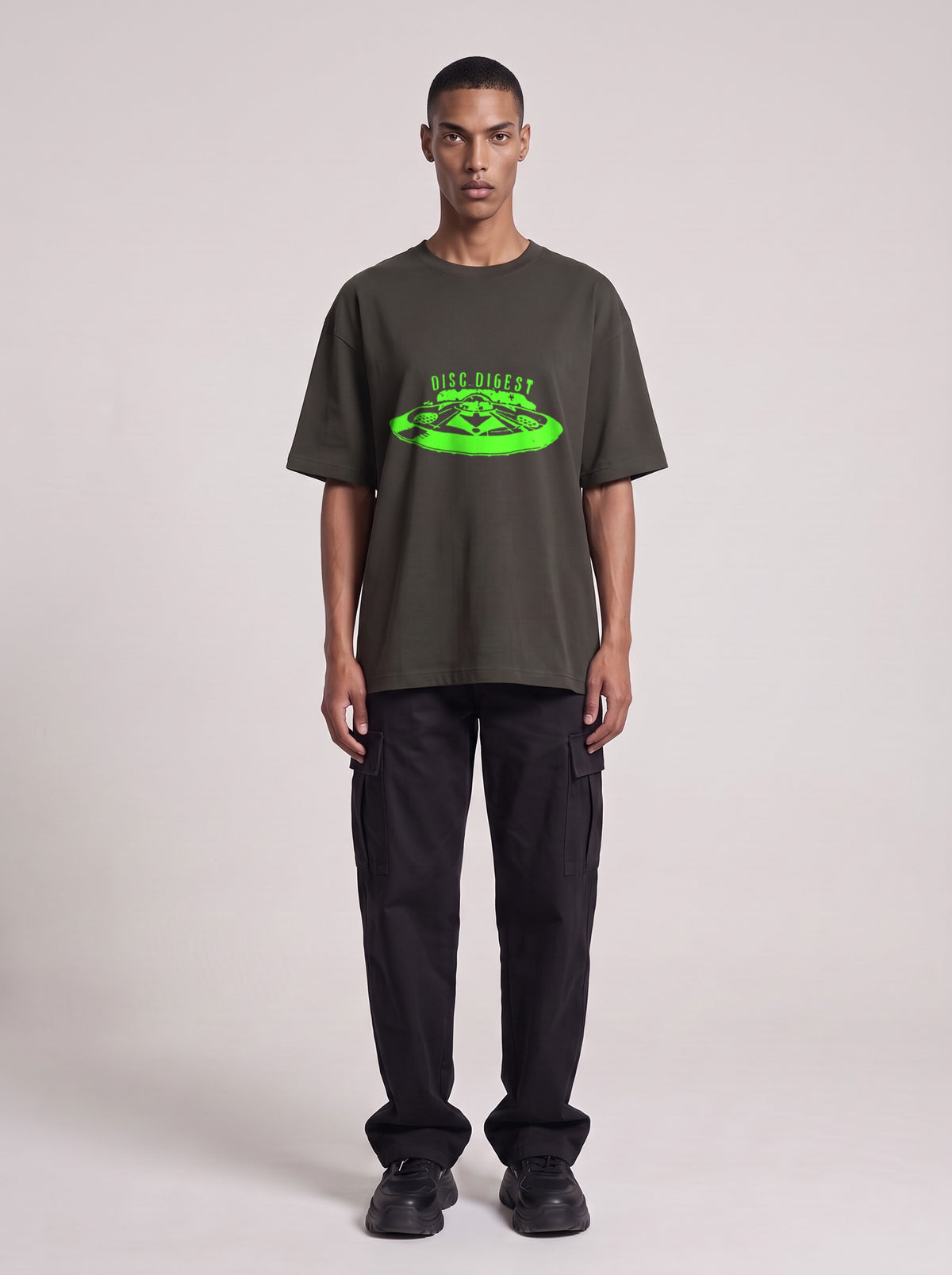 Disc Digest Neon — Drop Shoulder T-Shirt in Dark Gray, front, worn by male model